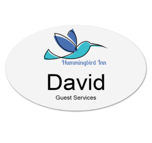 Oval metal name tags with logos and more printed in full color - Napnameplates.com