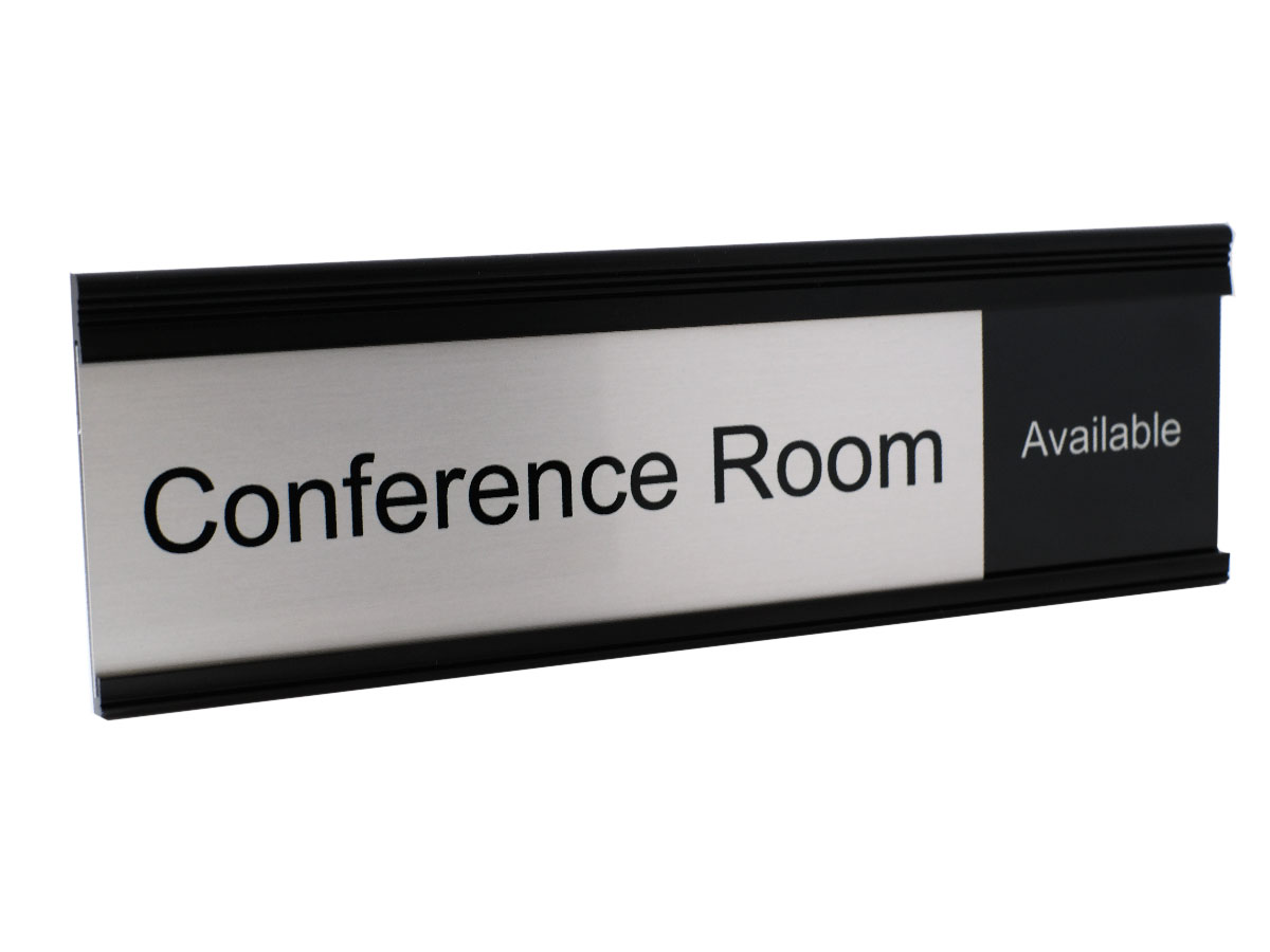Office Nameplate Holders for cubicles, walls, doors and desks in durable metal. Many sizes and options. NapNameplates.com