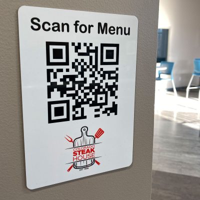 QR barcode menu sign for walls, white-coated aluminum metal - NapNameplates.com